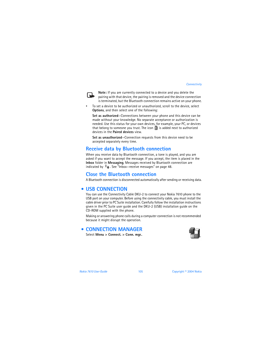 Usb connection, Connection manager, Receive data by bluetooth connection | Close the bluetooth connection | Nokia 7610 User Manual | Page 118 / 161