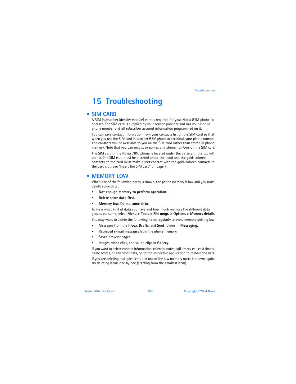 15 troubleshooting, Sim card, Memory low | Nokia 7610 User Manual | Page 122 / 161