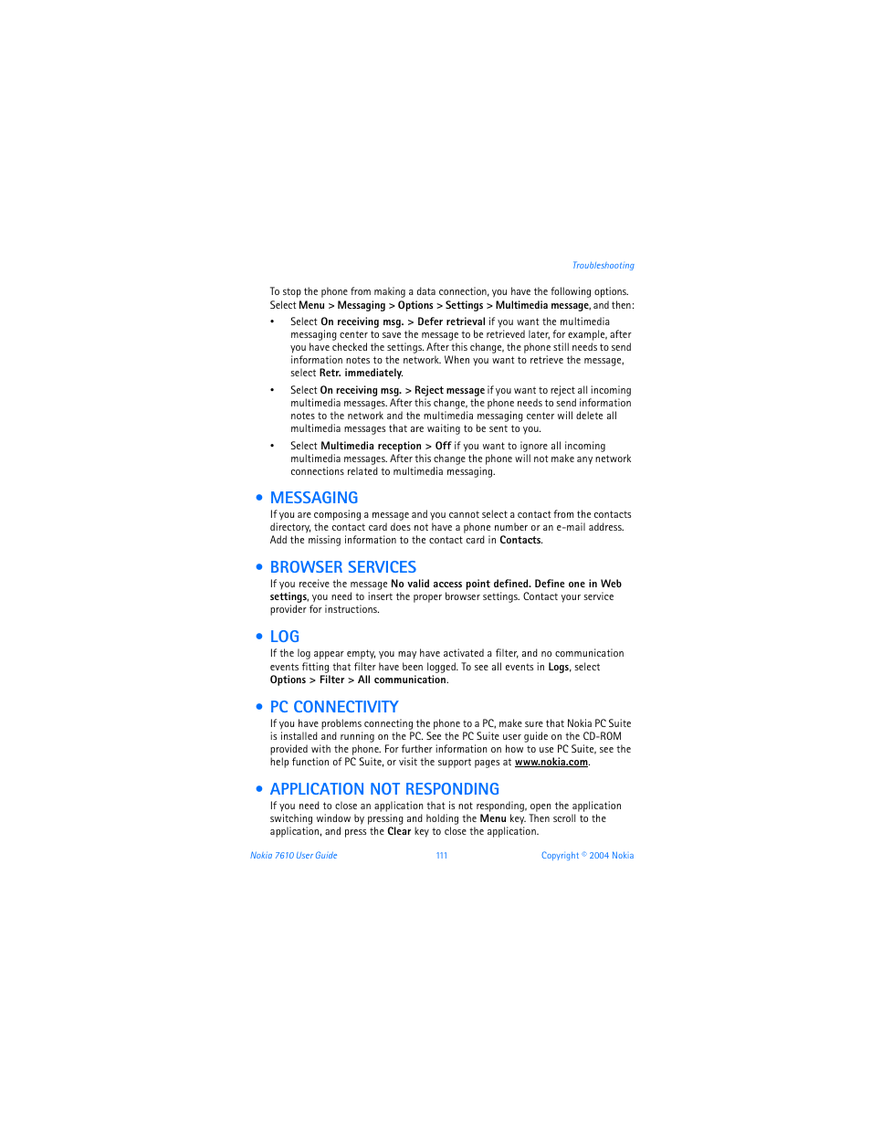 Messaging, Browser services, Pc connectivity | Application not responding | Nokia 7610 User Manual | Page 124 / 161