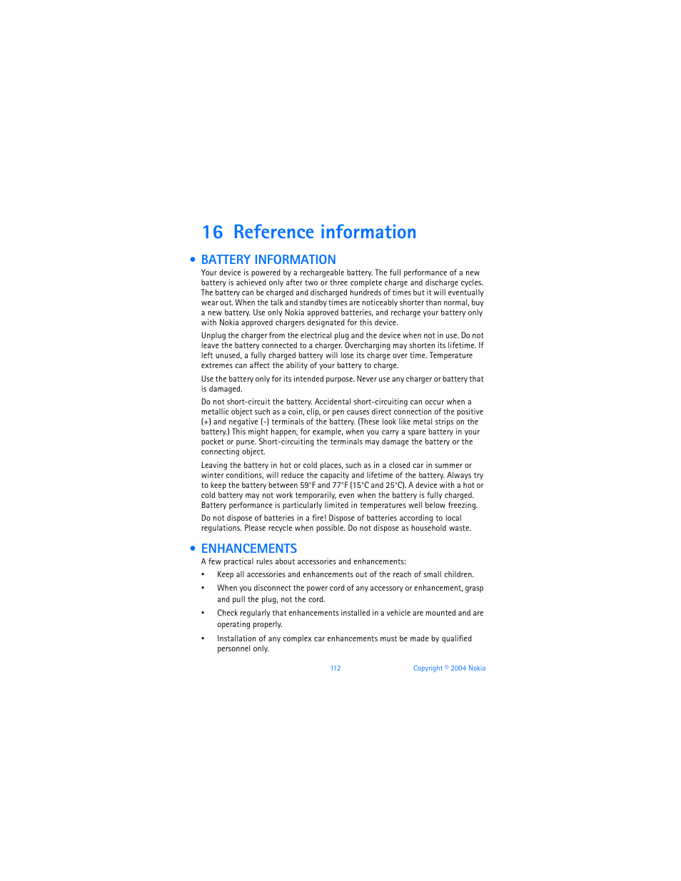 16 reference information, Battery information, Enhancements | Nokia 7610 User Manual | Page 125 / 161