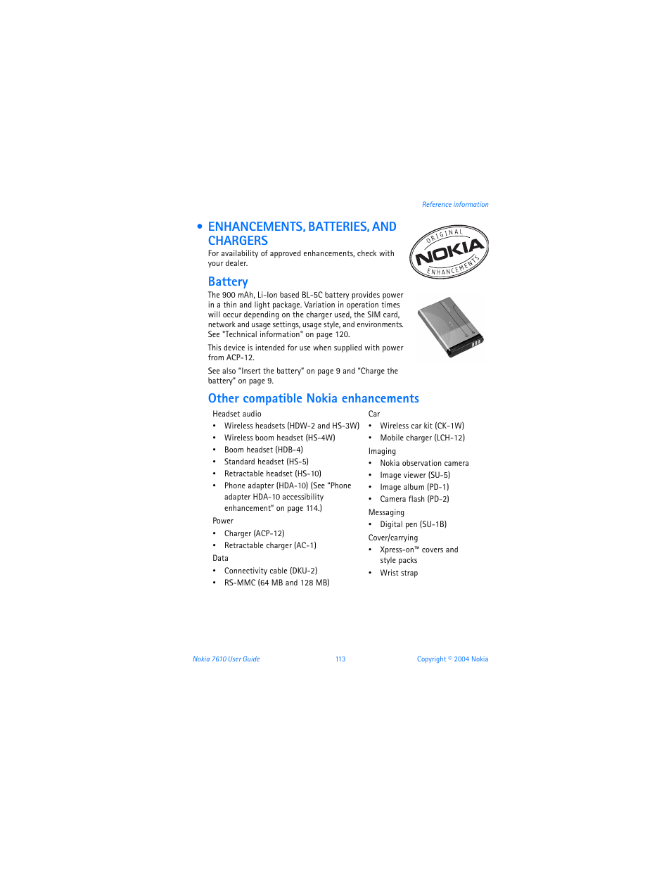 Enhancements, batteries, and chargers, Battery, Other compatible nokia enhancements | Nokia 7610 User Manual | Page 126 / 161