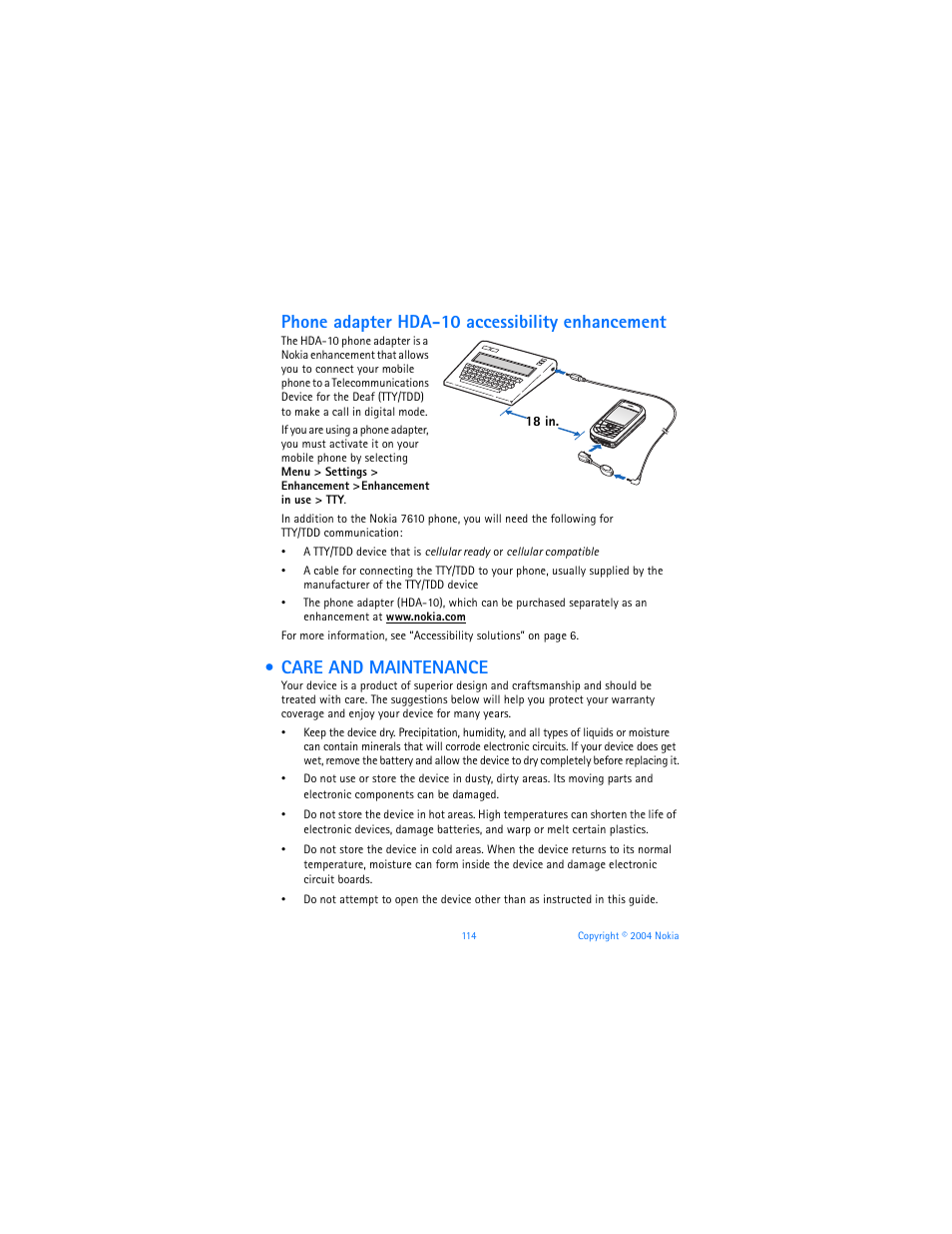 Care and maintenance, Phone adapter hda-10 accessibility enhancement | Nokia 7610 User Manual | Page 127 / 161