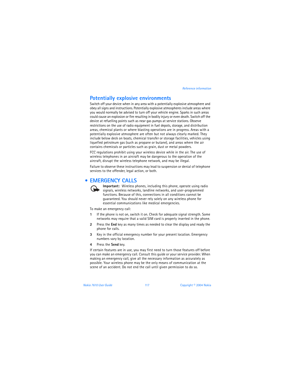 Emergency calls, Potentially explosive environments | Nokia 7610 User Manual | Page 130 / 161