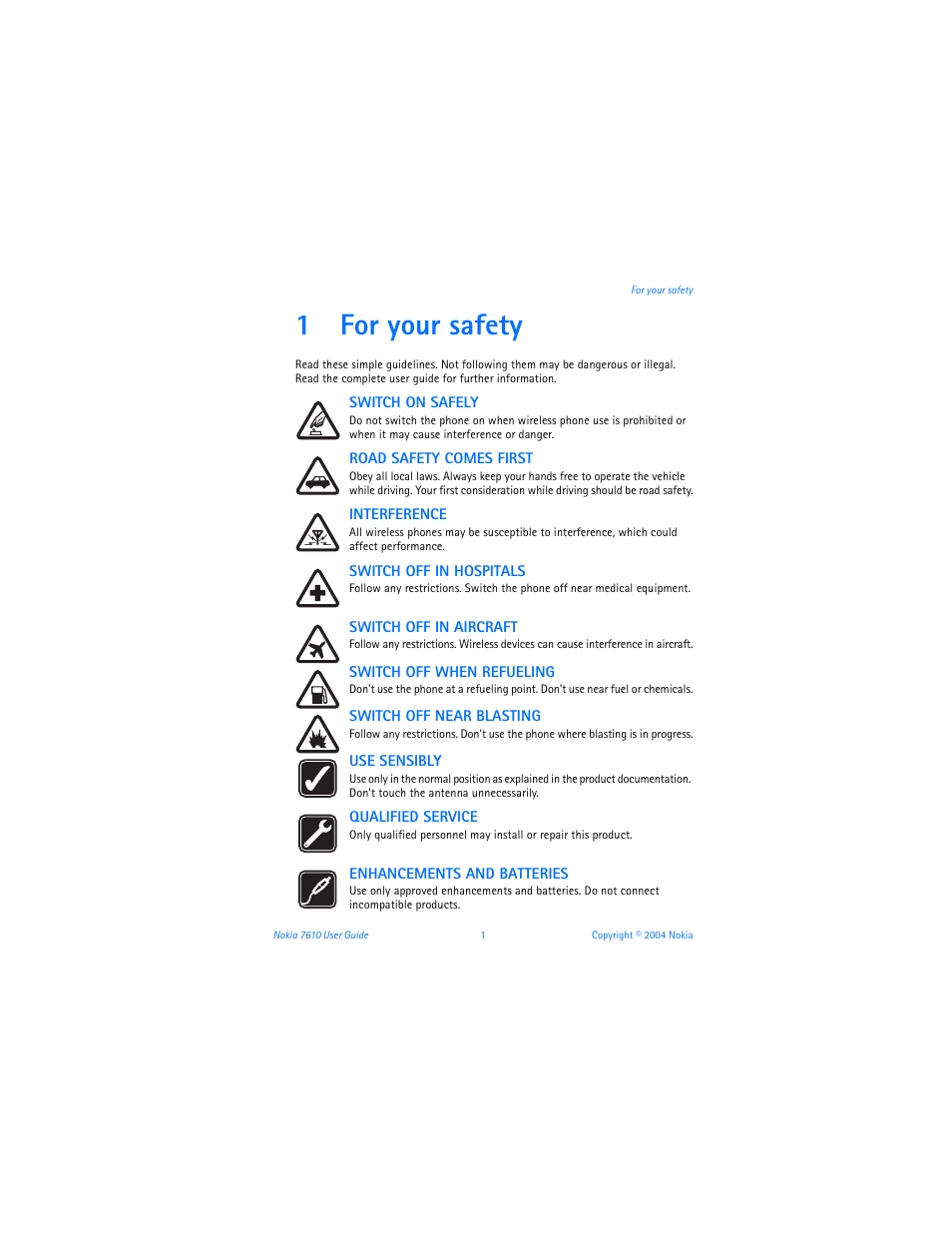 1 for your safety, For your safety, 1for your safety | Nokia 7610 User Manual | Page 14 / 161