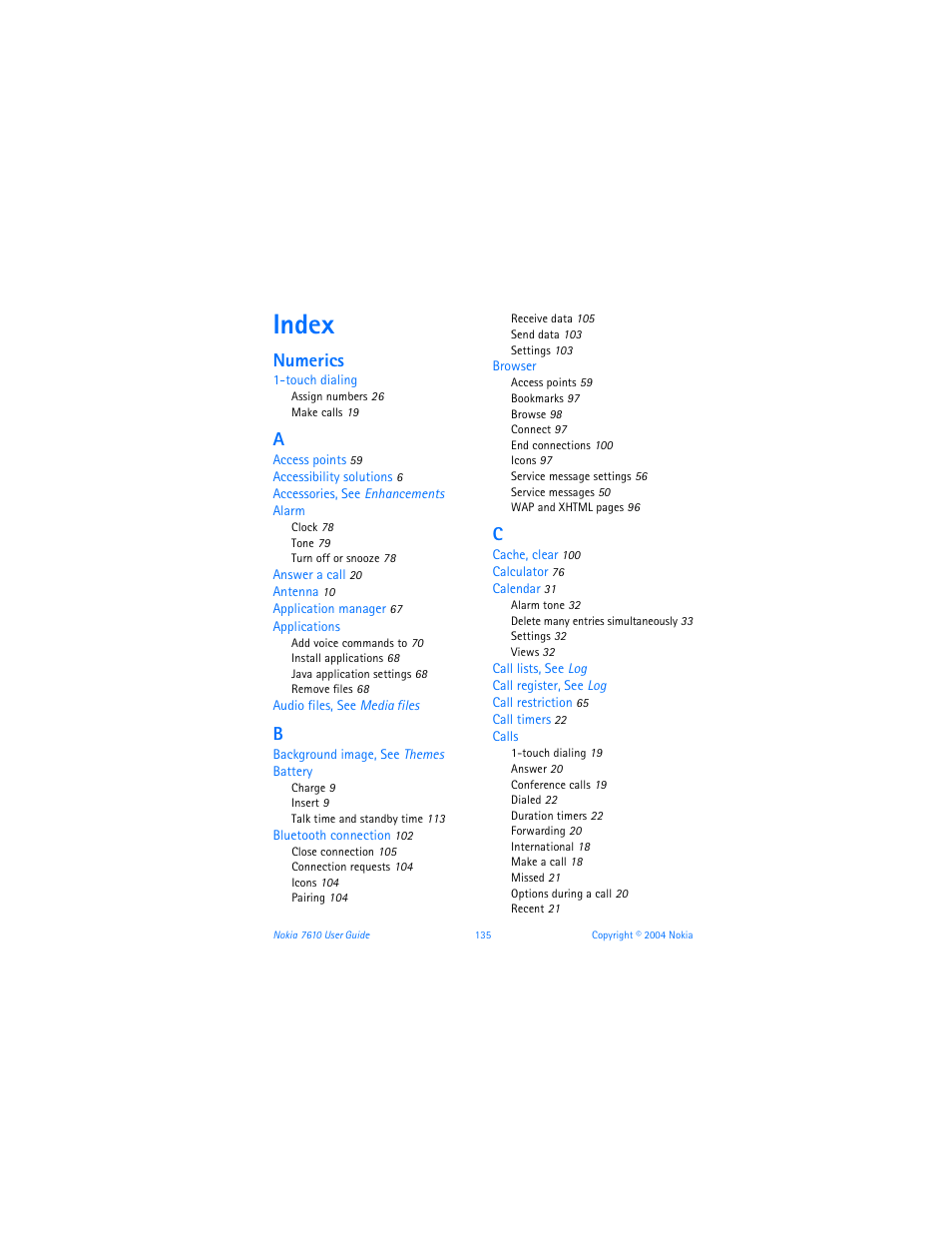 Index, Numerics | Nokia 7610 User Manual | Page 148 / 161