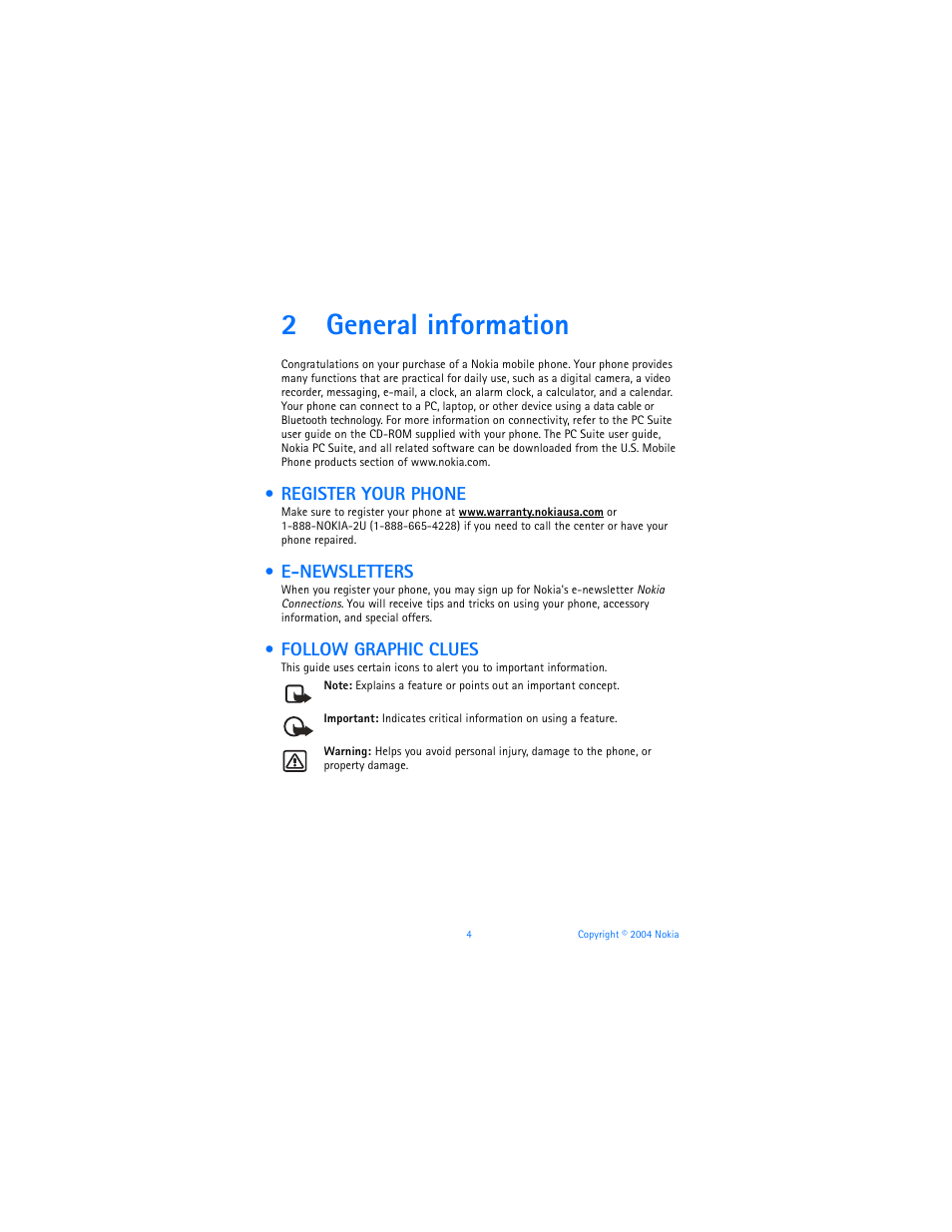 2 general information, Register your phone, E-newsletters | Follow graphic clues, General information, 2general information | Nokia 7610 User Manual | Page 17 / 161