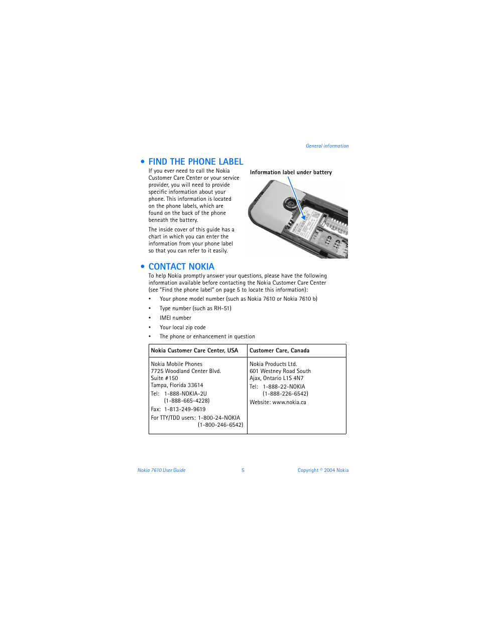 Find the phone label, Contact nokia | Nokia 7610 User Manual | Page 18 / 161