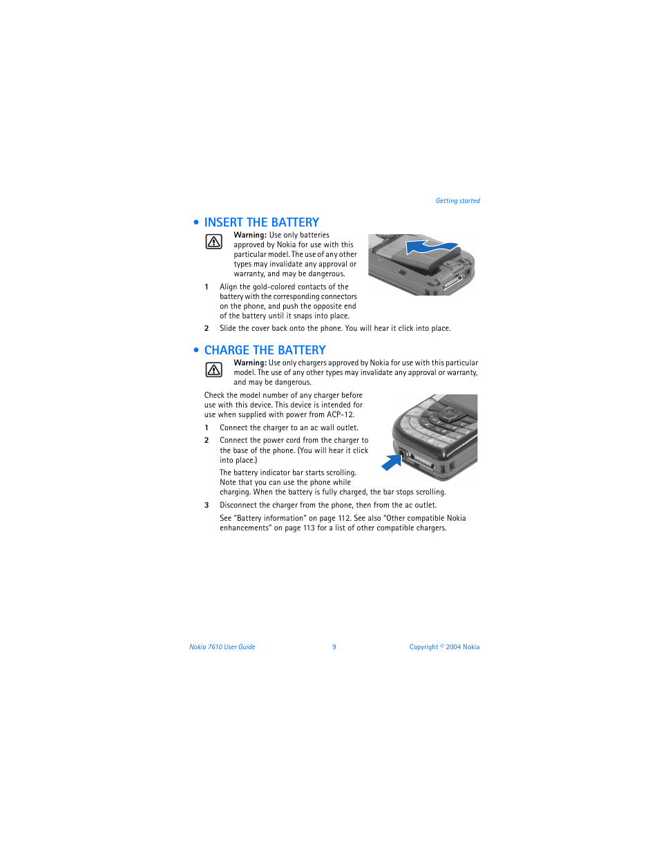 Insert the battery, Charge the battery | Nokia 7610 User Manual | Page 22 / 161