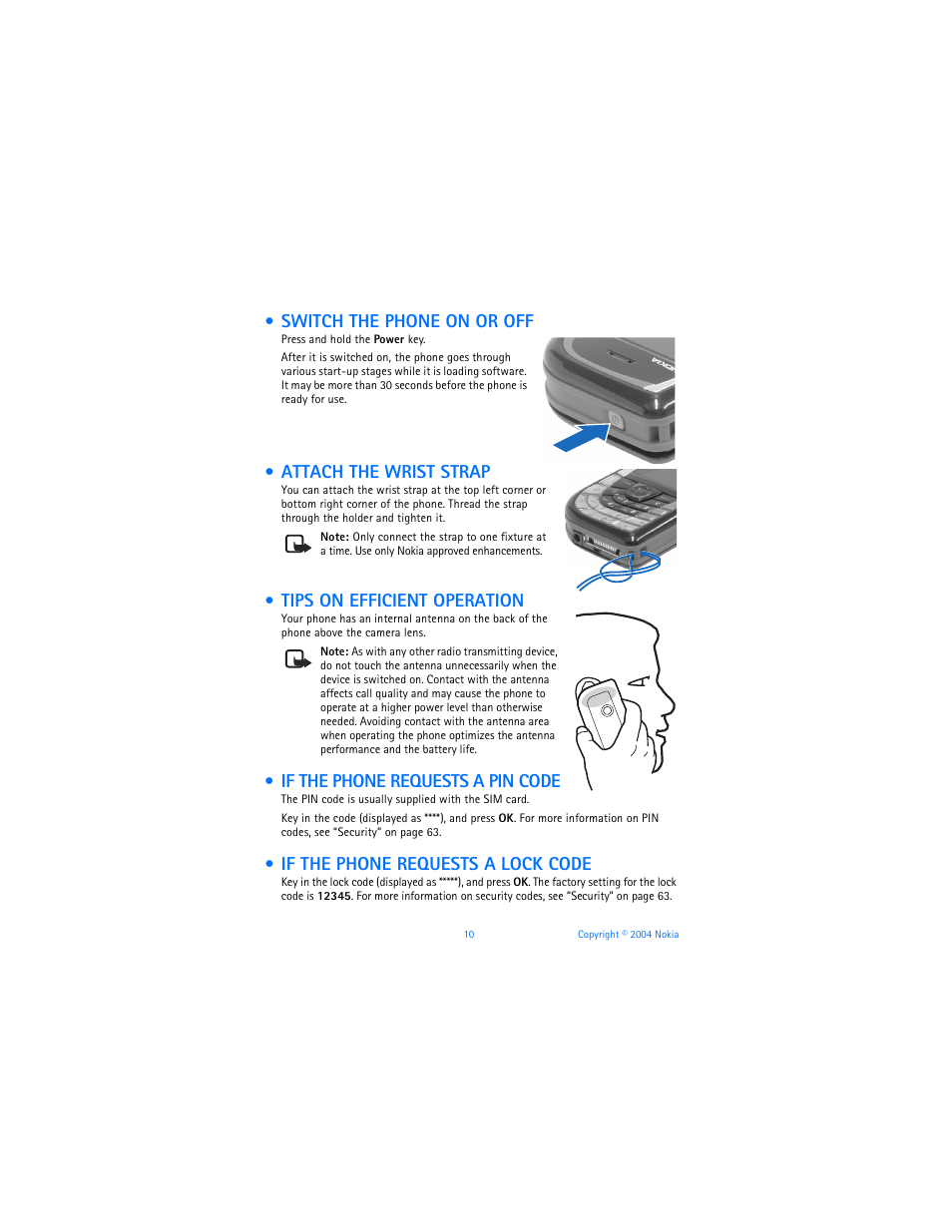 Switch the phone on or off, Attach the wrist strap, Tips on efficient operation | If the phone requests a pin code, If the phone requests a lock code | Nokia 7610 User Manual | Page 23 / 161