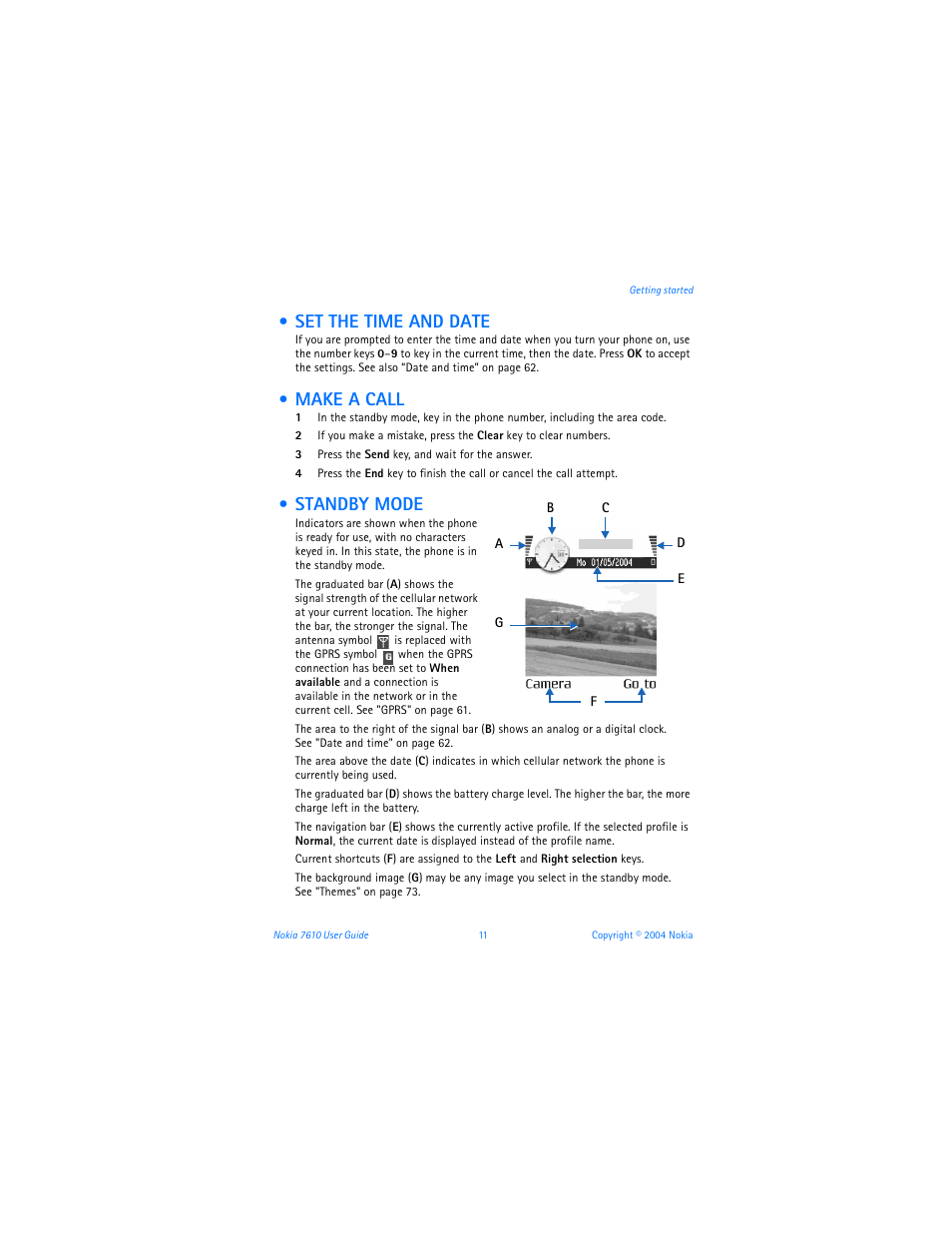 Set the time and date, Make a call, Standby mode | Nokia 7610 User Manual | Page 24 / 161