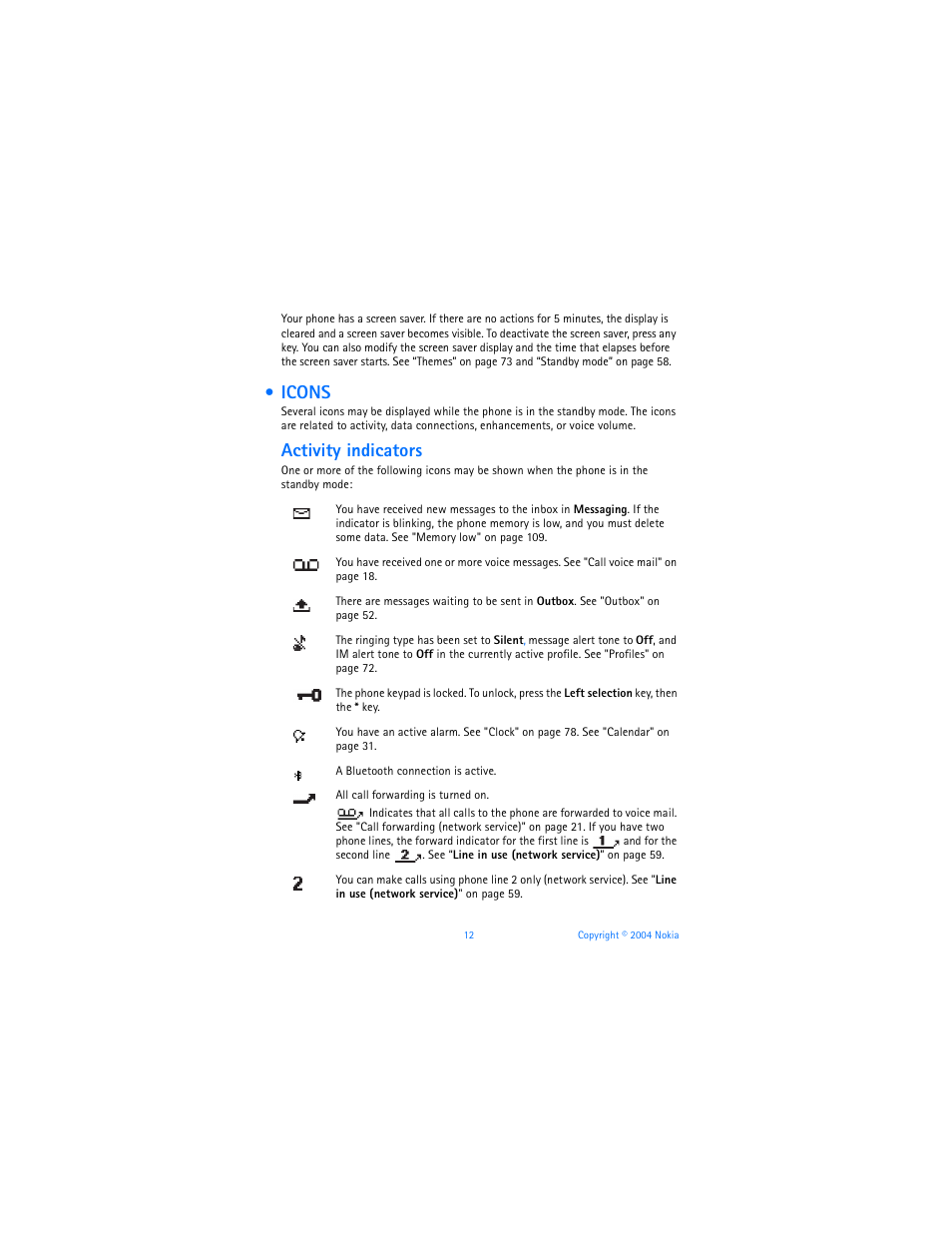 Icons, Activity indicators | Nokia 7610 User Manual | Page 25 / 161