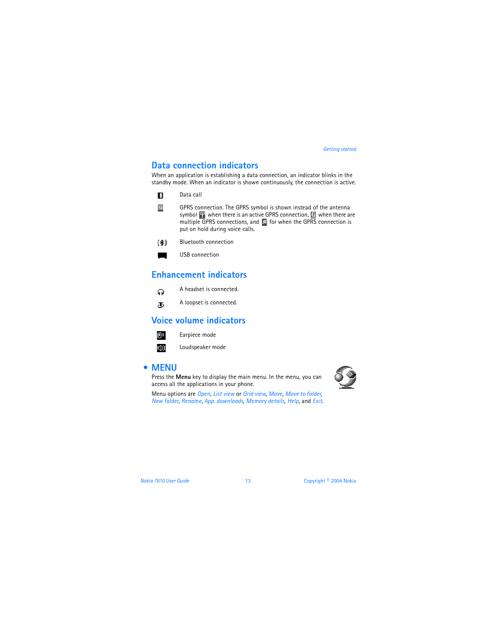 Menu, Data connection indicators | Nokia 7610 User Manual | Page 26 / 161