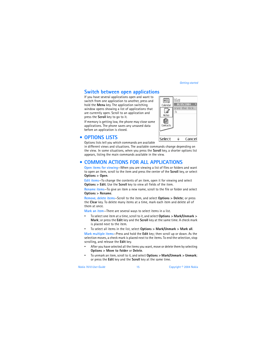 Options lists, Common actions for all applications, Switch between open applications | Nokia 7610 User Manual | Page 28 / 161
