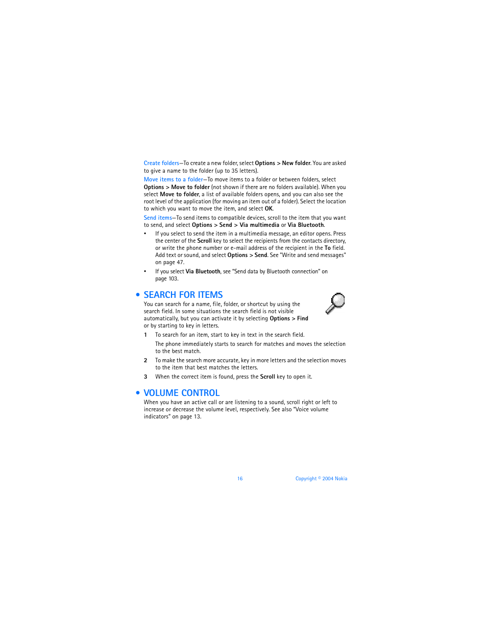 Search for items, Volume control | Nokia 7610 User Manual | Page 29 / 161