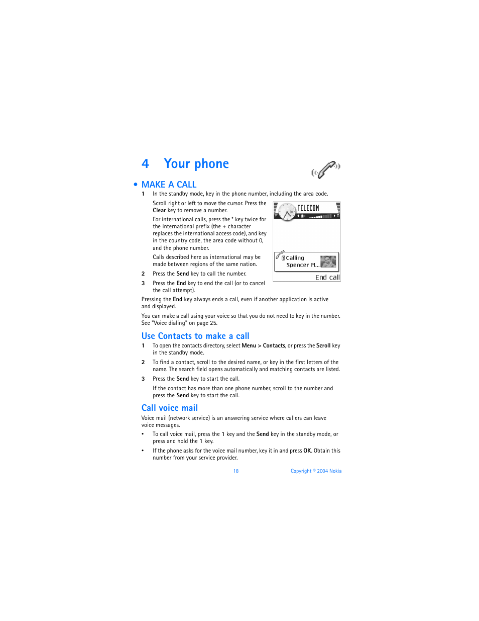 4 your phone, Make a call, Your phone | 4your phone, Use contacts to make a call, Call voice mail | Nokia 7610 User Manual | Page 31 / 161