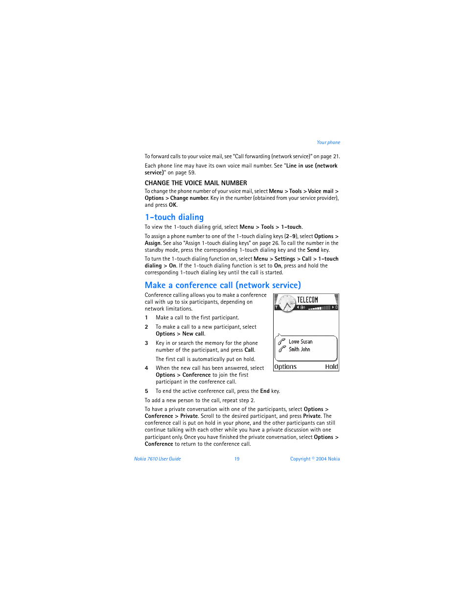 Touch dialing, Make a conference call (network service) | Nokia 7610 User Manual | Page 32 / 161