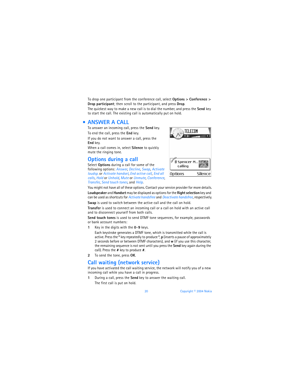 Answer a call, Options during a call, Call waiting (network service) | Nokia 7610 User Manual | Page 33 / 161