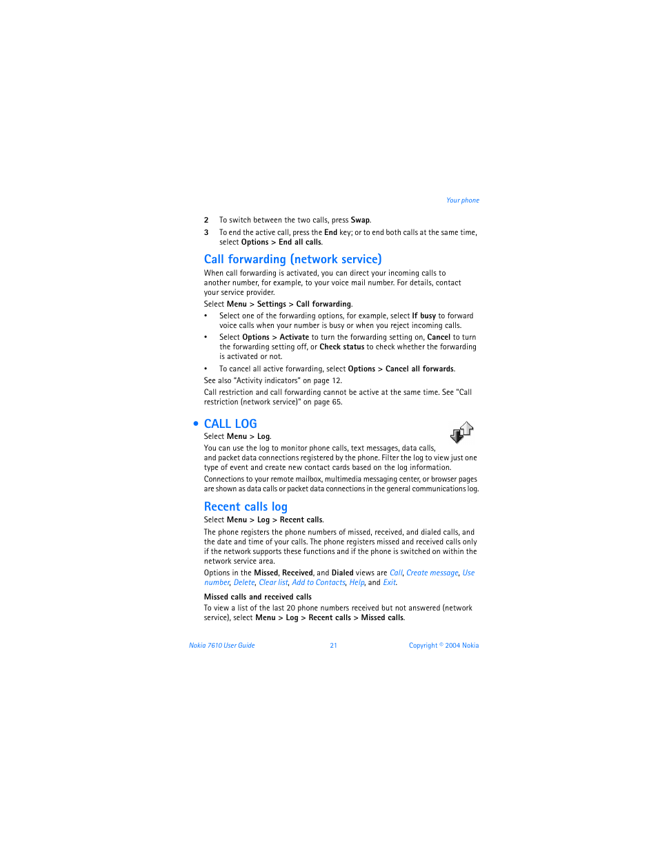 Call log, Call forwarding (network service), Recent calls log | Nokia 7610 User Manual | Page 34 / 161