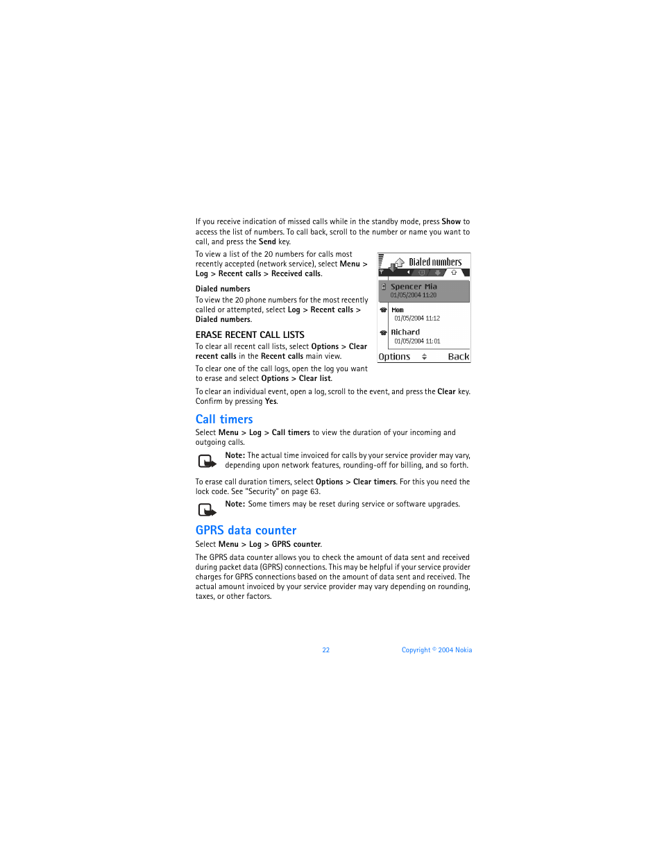 Call timers, Gprs data counter | Nokia 7610 User Manual | Page 35 / 161