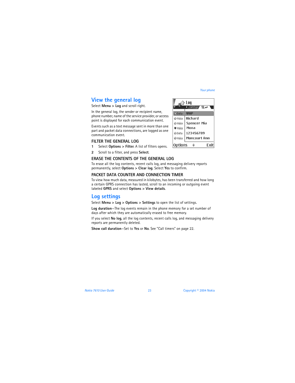 View the general log, Log settings | Nokia 7610 User Manual | Page 36 / 161