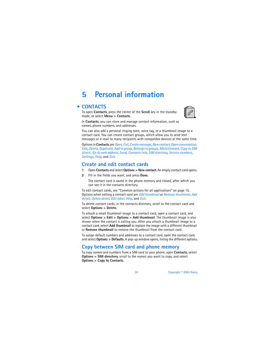 5 personal information, Contacts, Personal information | 5personal information, Create and edit contact cards | Nokia 7610 User Manual | Page 37 / 161