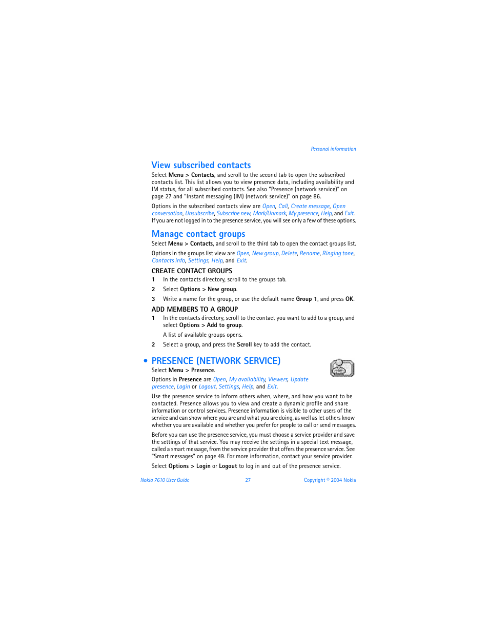 Presence (network service), View subscribed contacts, Manage contact groups | Nokia 7610 User Manual | Page 40 / 161