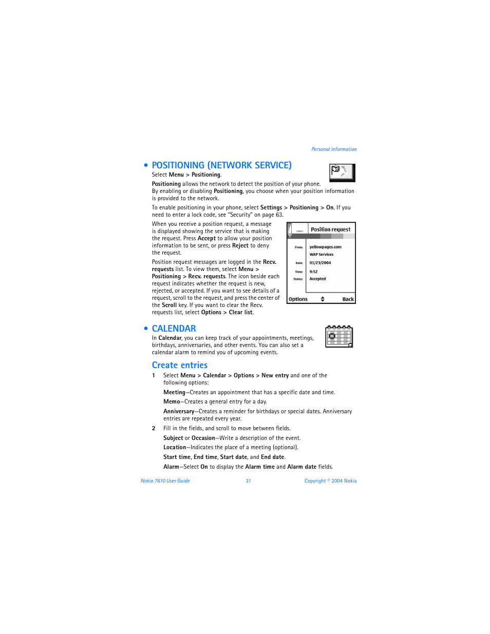 Positioning (network service), Calendar, Create entries | Nokia 7610 User Manual | Page 44 / 161