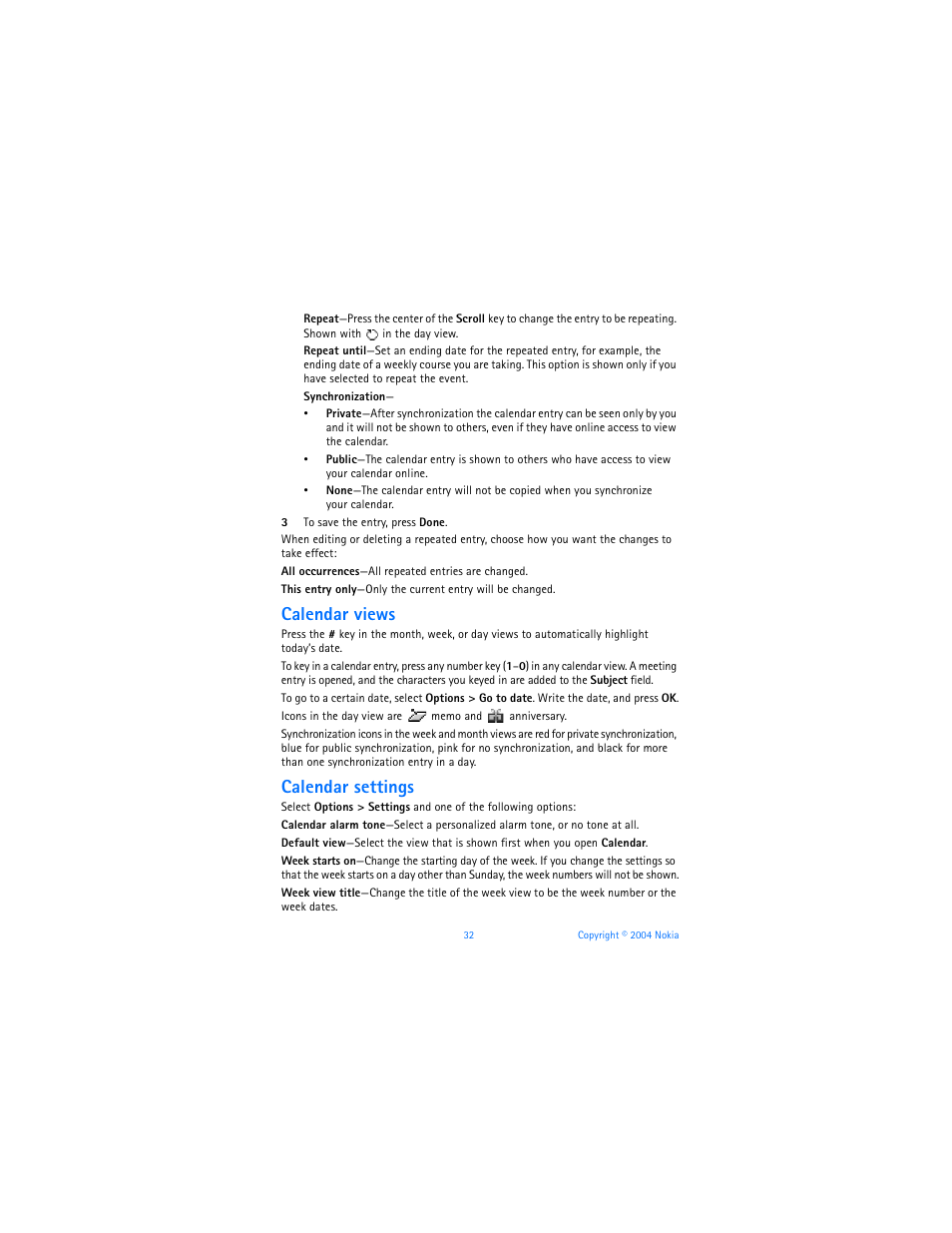 Calendar views, Calendar settings | Nokia 7610 User Manual | Page 45 / 161