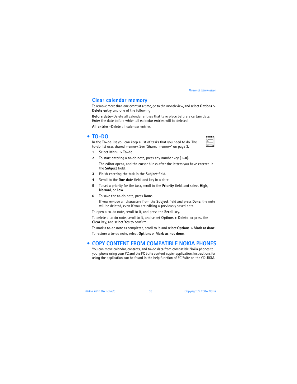 To-do, Copy content from compatible nokia phones | Nokia 7610 User Manual | Page 46 / 161