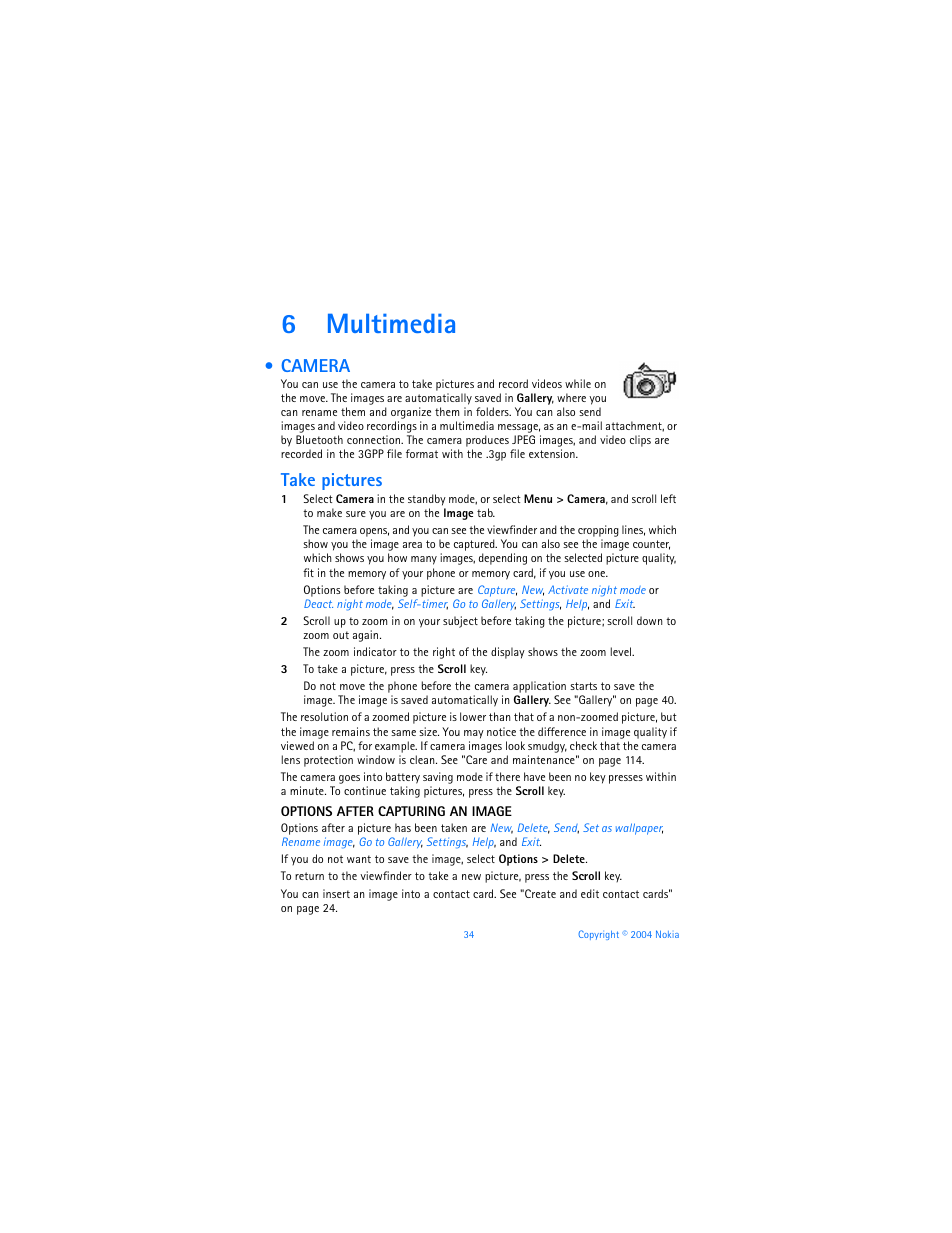 6 multimedia, Camera, Multimedia | 6multimedia, Take pictures | Nokia 7610 User Manual | Page 47 / 161