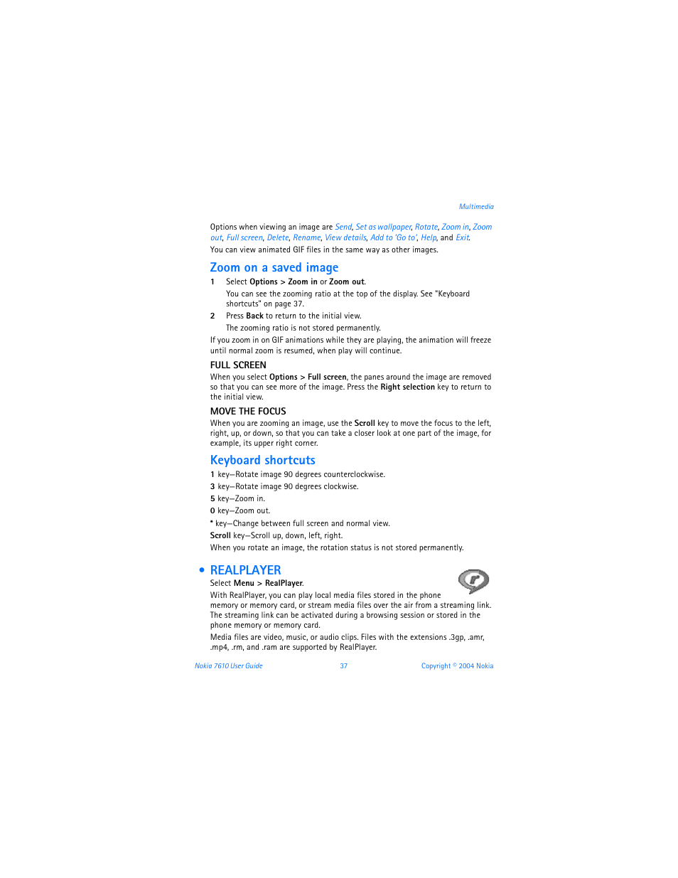 Realplayer, Zoom on a saved image, Keyboard shortcuts | Nokia 7610 User Manual | Page 50 / 161