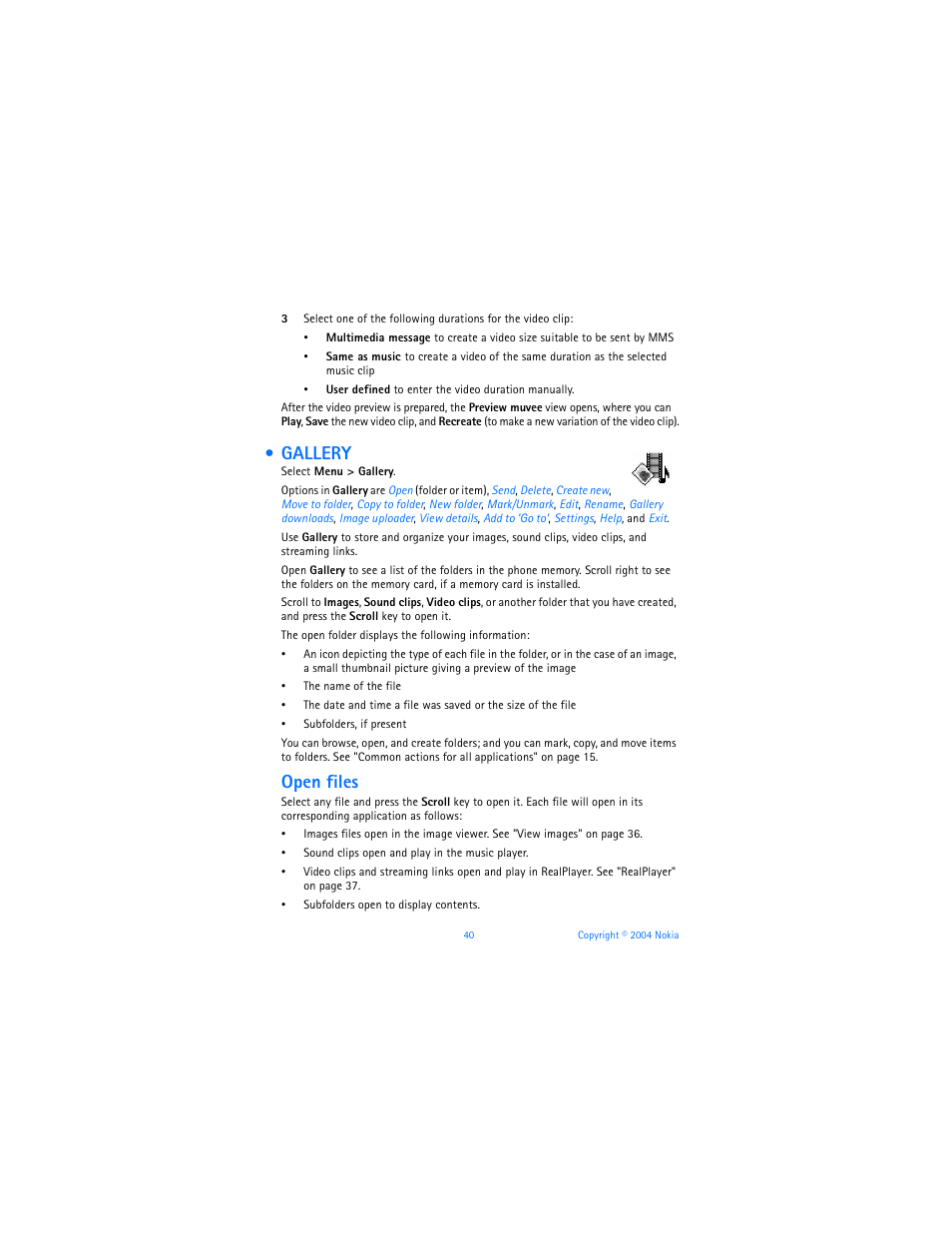 Gallery, Open files | Nokia 7610 User Manual | Page 53 / 161
