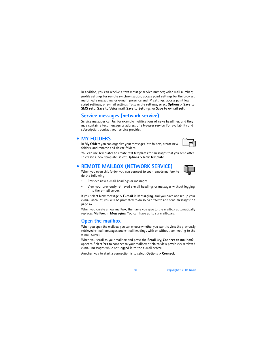 My folders, Remote mailbox (network service), Service messages (network service) | Open the mailbox | Nokia 7610 User Manual | Page 63 / 161