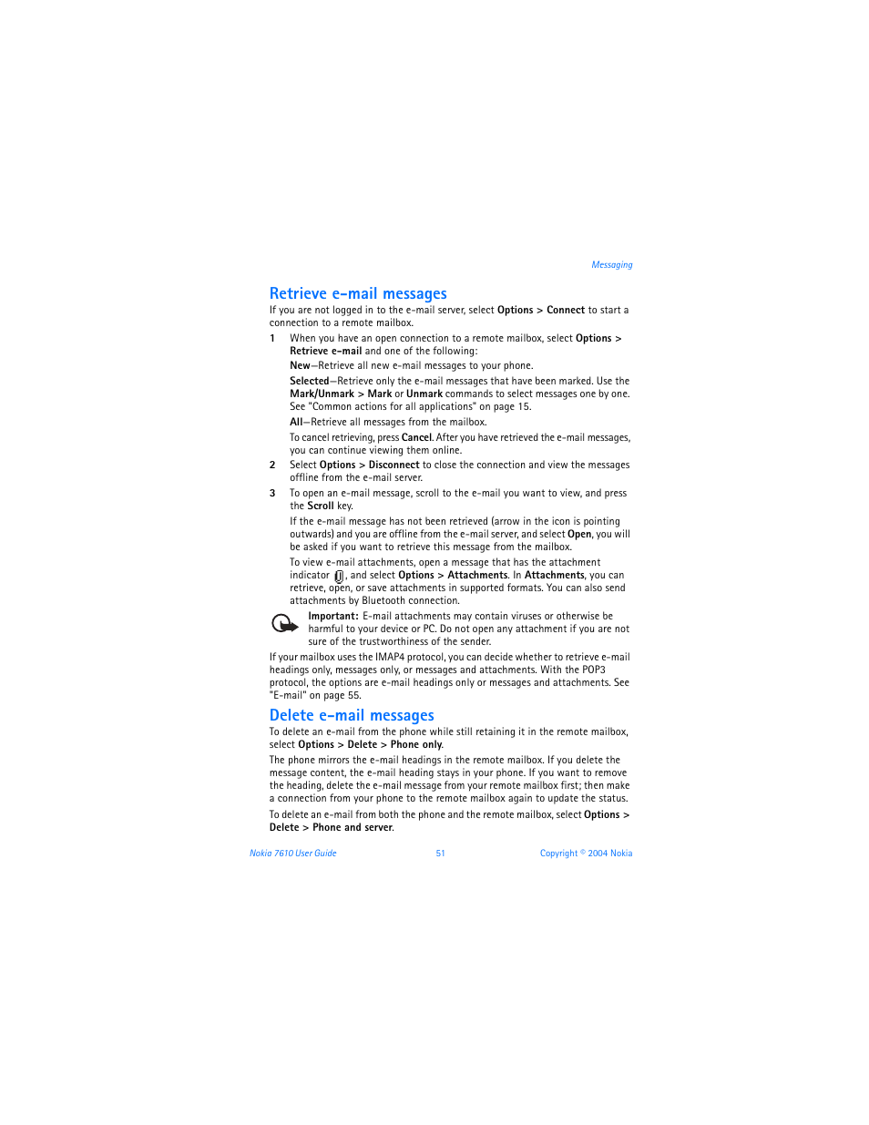 Retrieve e-mail messages, Delete e-mail messages | Nokia 7610 User Manual | Page 64 / 161