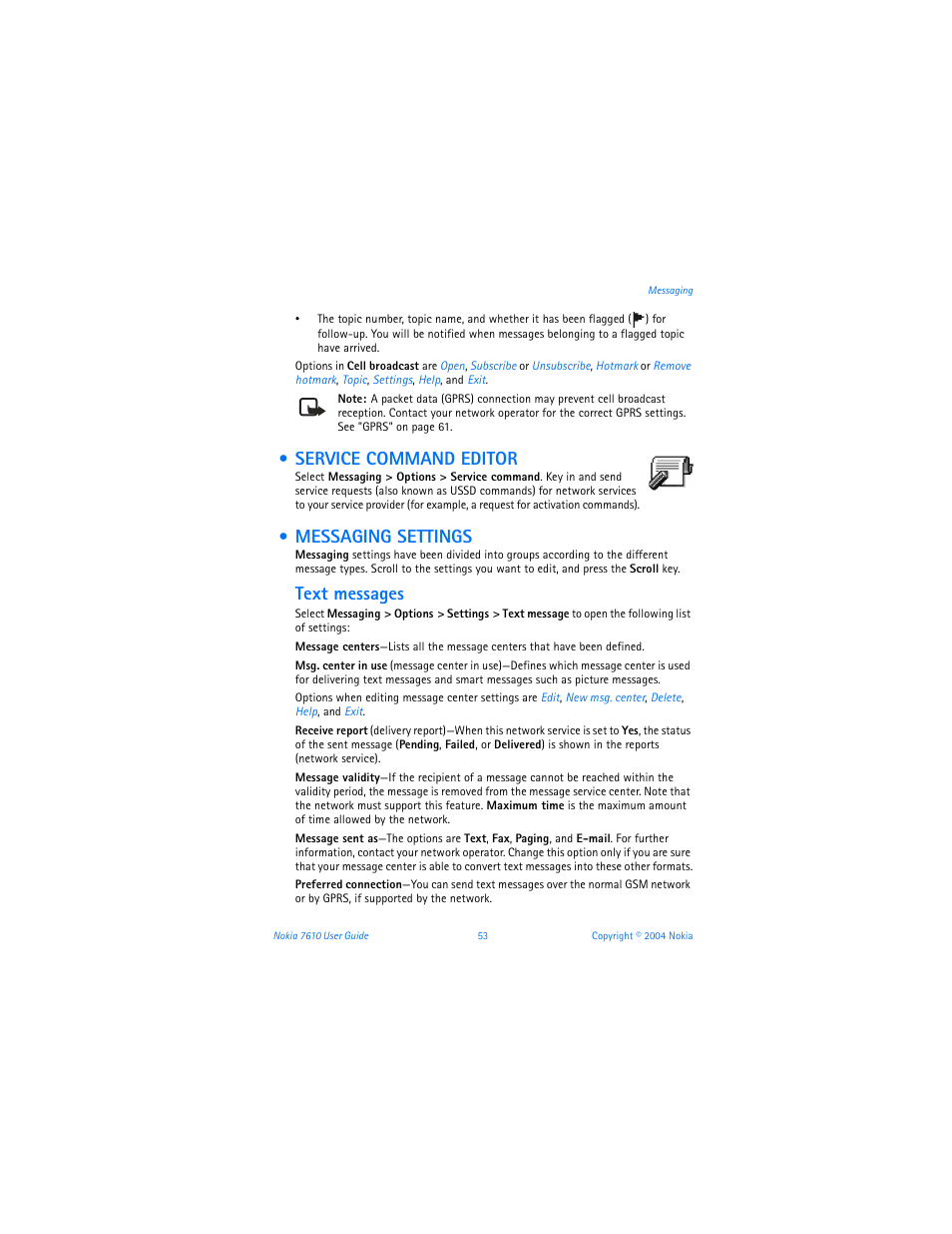 Service command editor, Messaging settings, Text messages | Nokia 7610 User Manual | Page 66 / 161