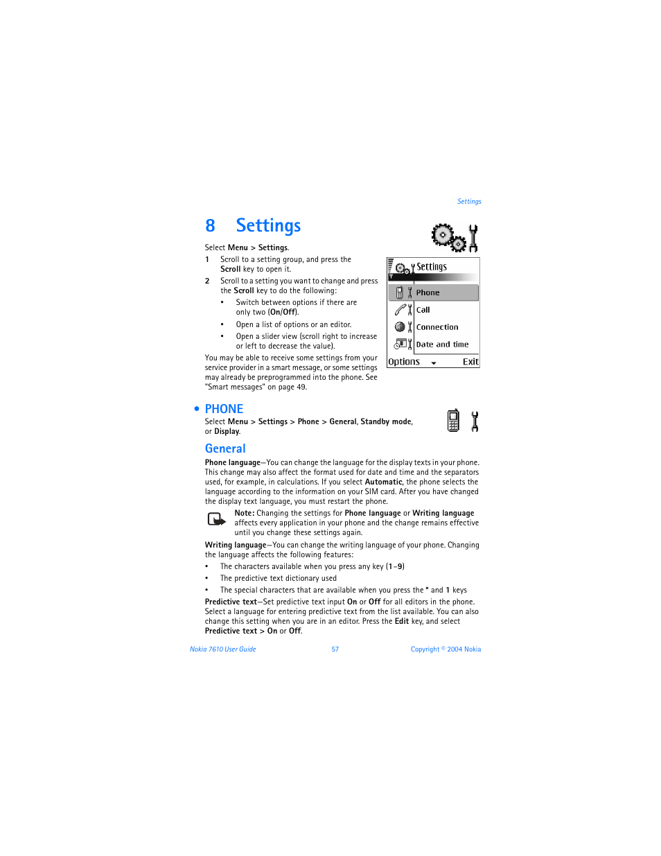 8 settings, Phone, Settings | 8settings, General | Nokia 7610 User Manual | Page 70 / 161