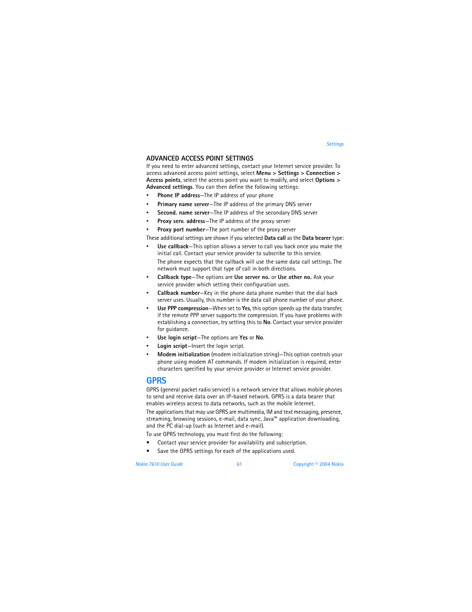 Gprs | Nokia 7610 User Manual | Page 74 / 161