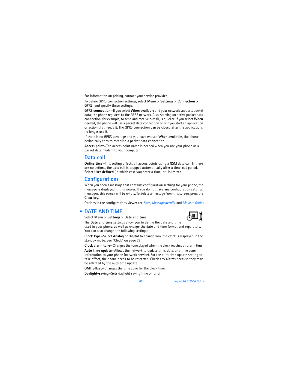 Date and time, Data call, Configurations | Nokia 7610 User Manual | Page 75 / 161