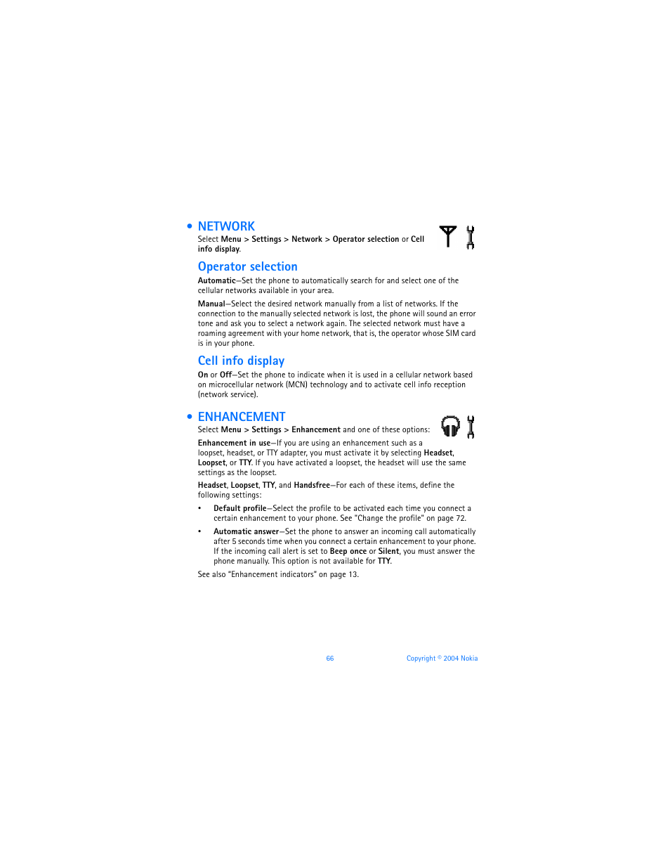 Network, Enhancement, Operator selection | Cell info display | Nokia 7610 User Manual | Page 79 / 161