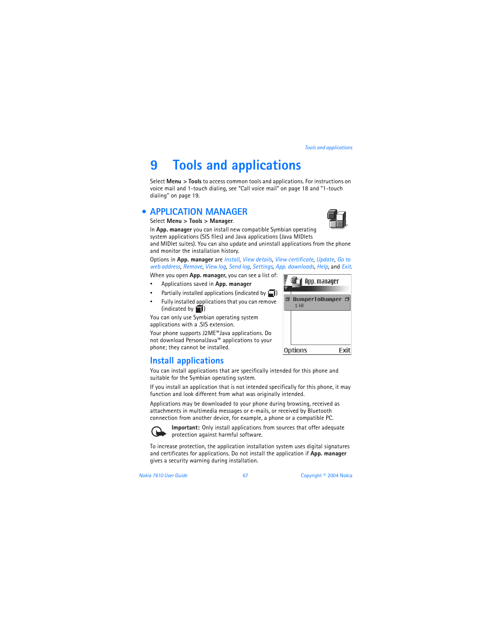 9 tools and applications, Application manager, Tools and applications | 9tools and applications, Install applications | Nokia 7610 User Manual | Page 80 / 161