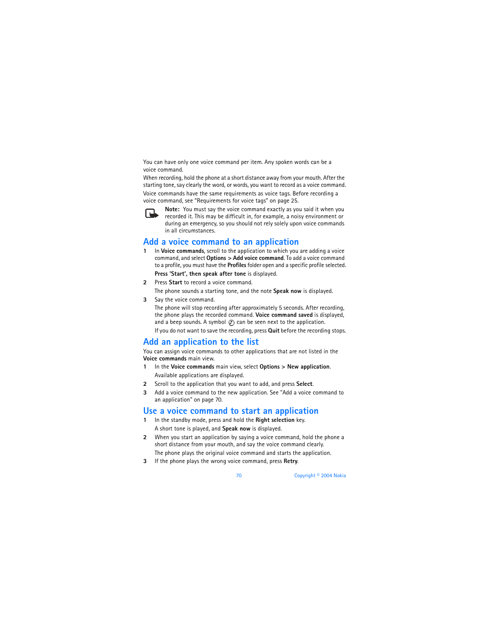 Add a voice command to an application, Add an application to the list, Use a voice command to start an application | Nokia 7610 User Manual | Page 83 / 161