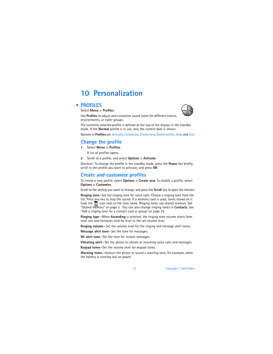 10 personalization, Profiles, See "profiles" on | Change the profile, Create and customize profiles | Nokia 7610 User Manual | Page 85 / 161