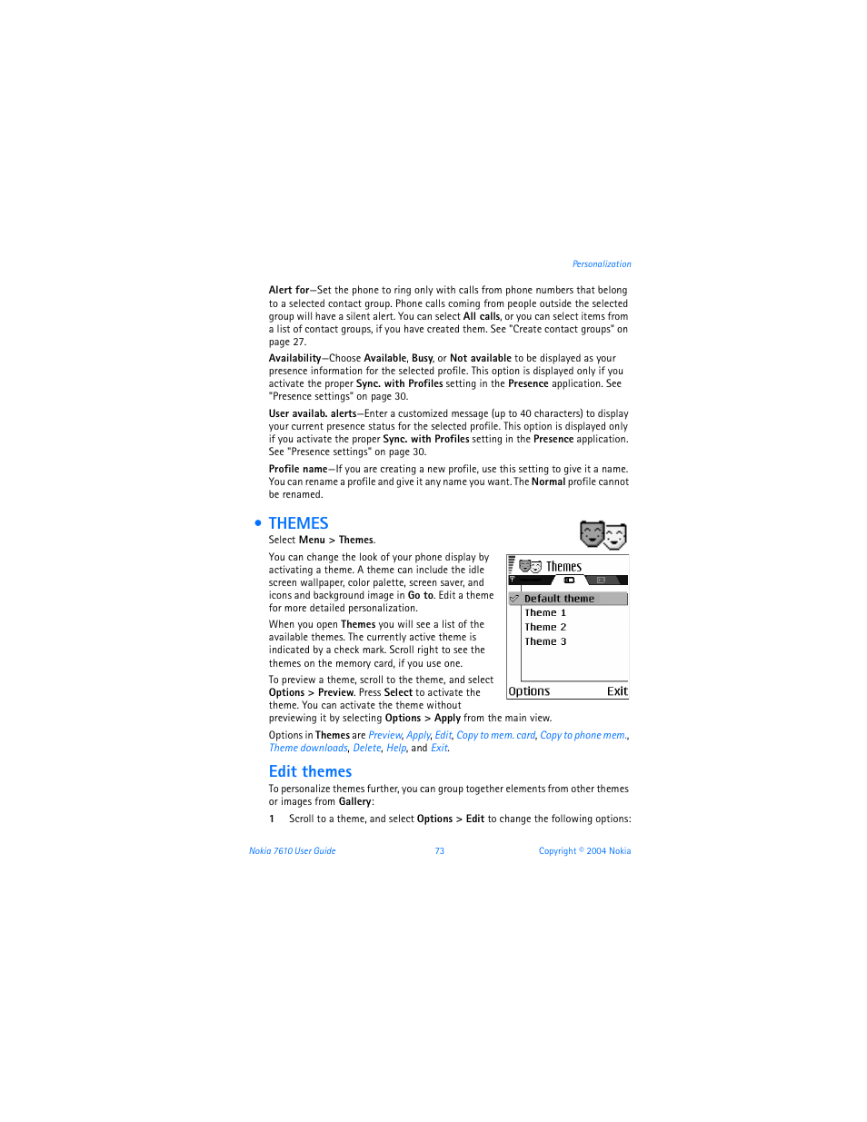 Themes, Edit themes | Nokia 7610 User Manual | Page 86 / 161