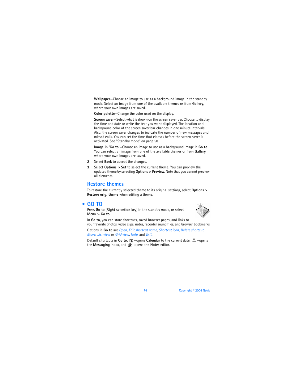 Go to, Restore themes | Nokia 7610 User Manual | Page 87 / 161