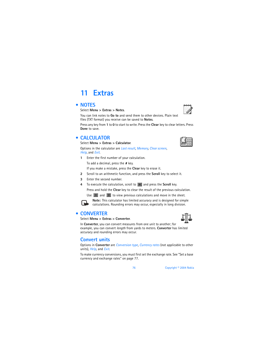 11 extras, Notes, Calculator | Converter, Convert units | Nokia 7610 User Manual | Page 89 / 161