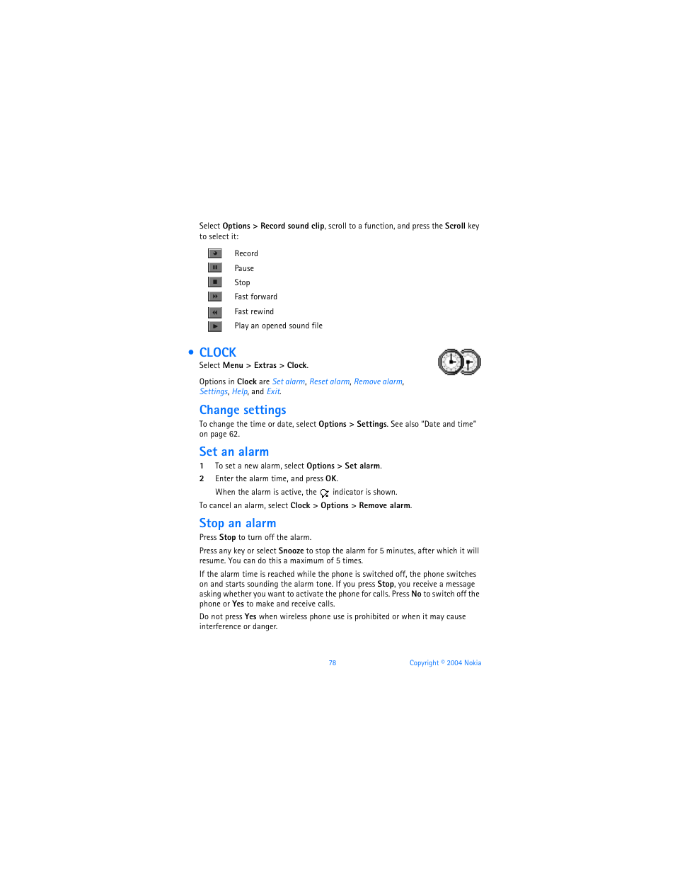 Clock, Change settings, Set an alarm | Stop an alarm | Nokia 7610 User Manual | Page 91 / 161