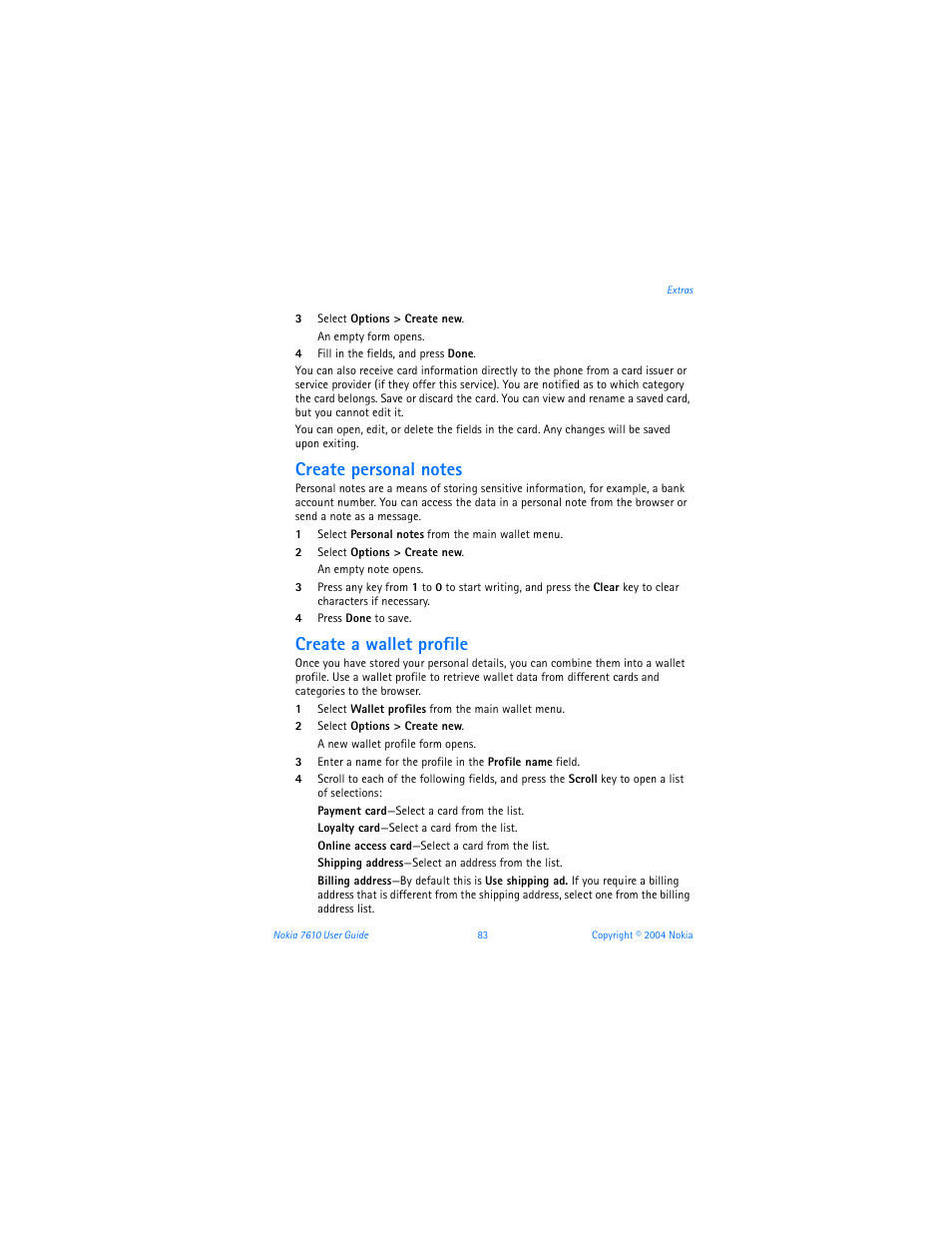 Create a wallet profile | Nokia 7610 User Manual | Page 96 / 161
