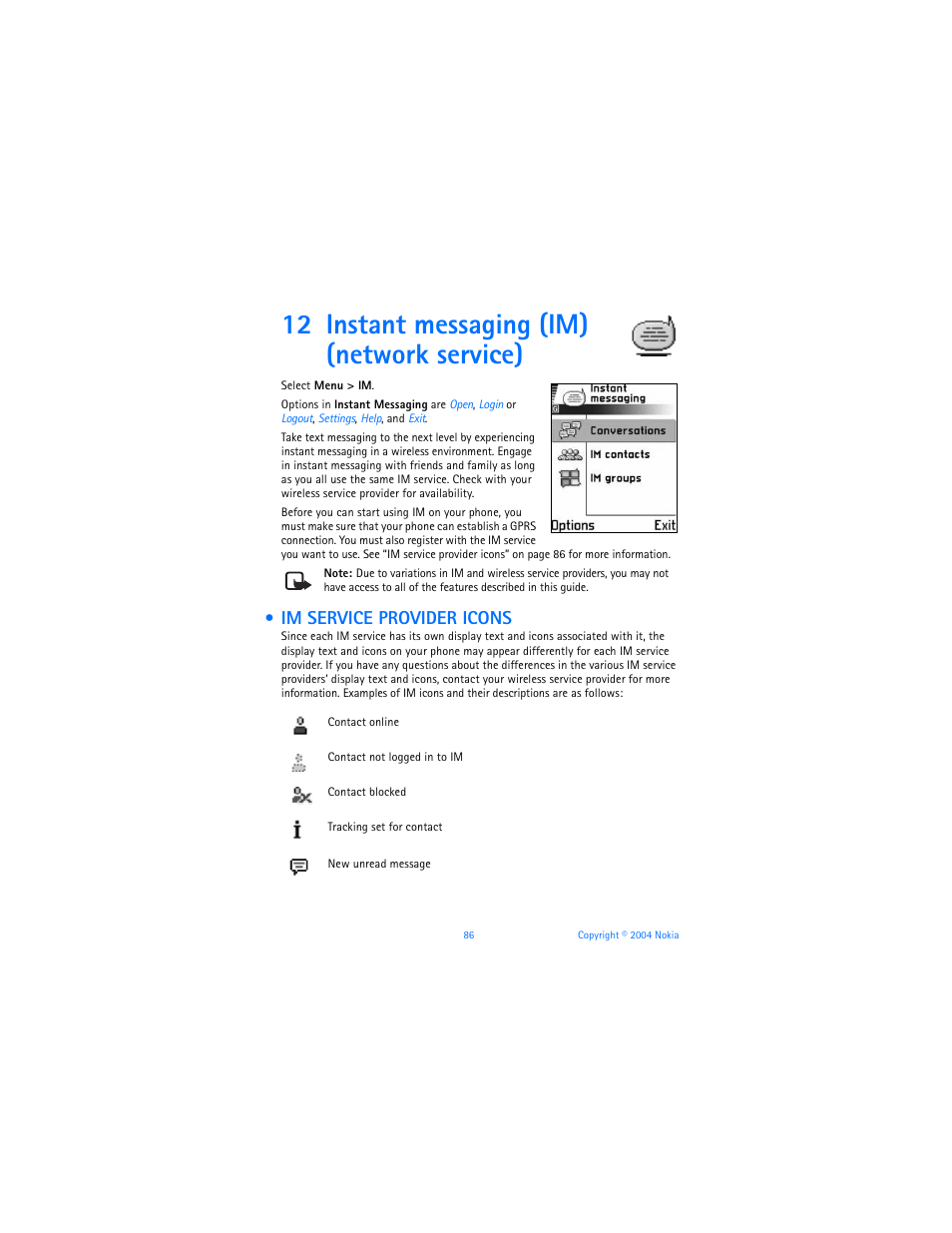 12 instant messaging (im) (network service), Im service provider icons | Nokia 7610 User Manual | Page 99 / 161