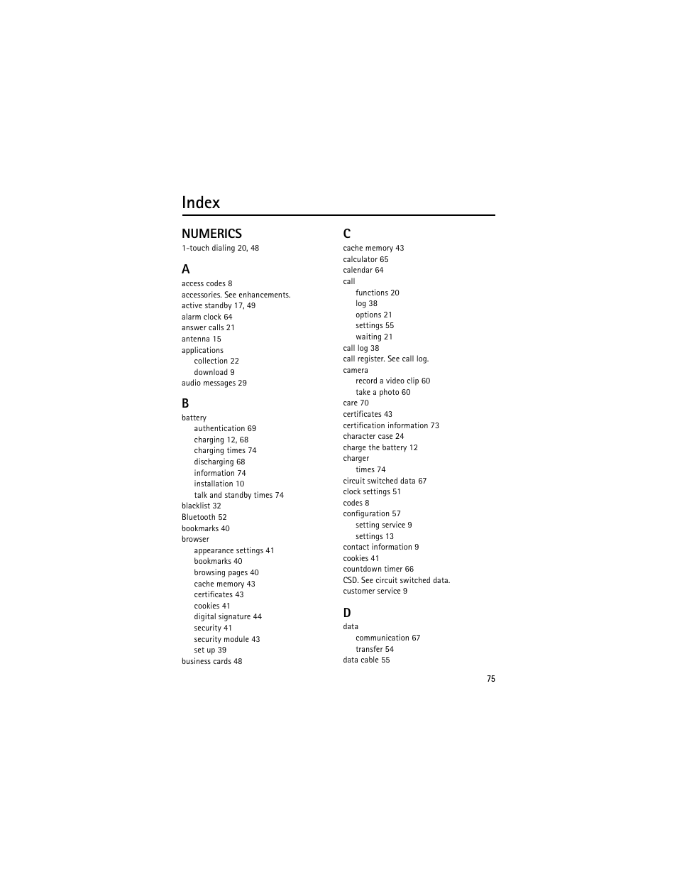 Index, Numerics | Nokia 8600 Luna User Manual | Page 108 / 201