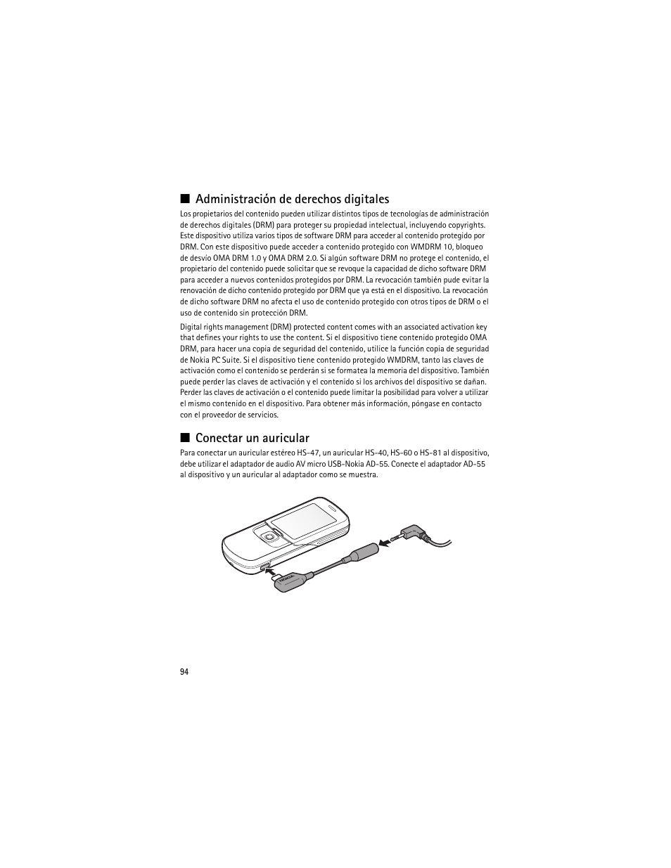 Administración de derechos digitales, Conectar un auricular | Nokia 8600 Luna User Manual | Page 127 / 201